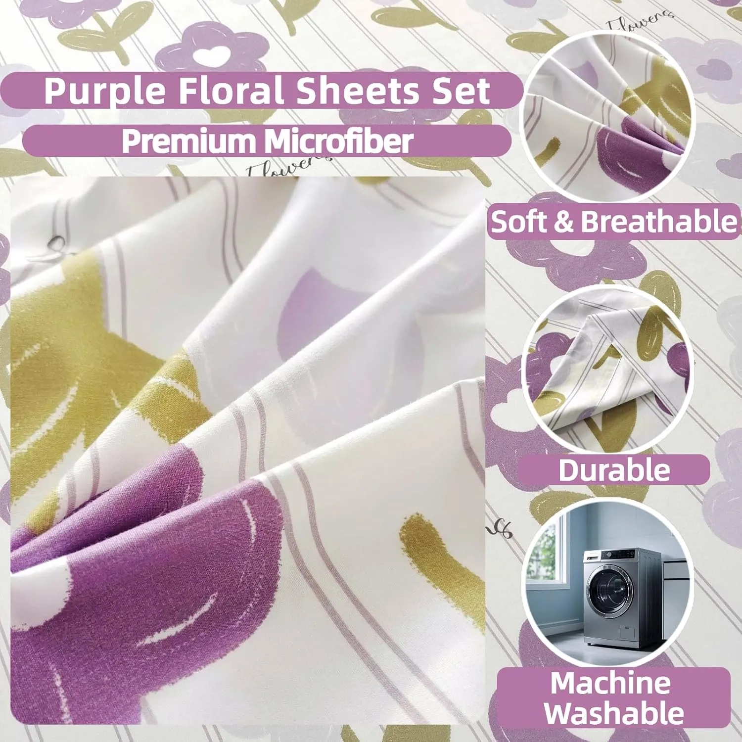 SDIII 4PCS Purple Floral Sheets Set Queen, Soft Microfiber Purple Floral Queen Sheets, Fade Resistant Flower Bed Sheet, Vintage Flower Sheet Bed Set