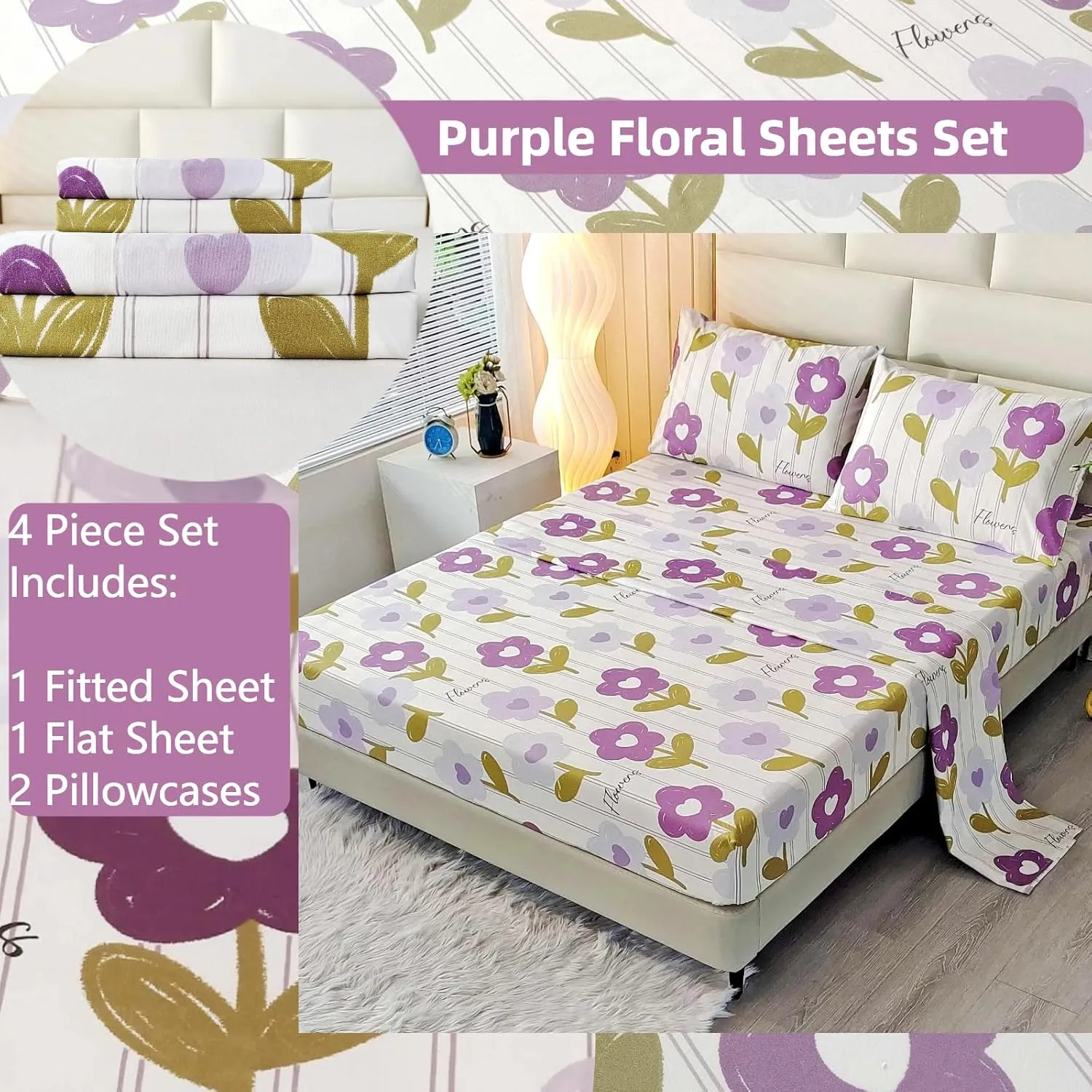 SDIII 4PCS Purple Floral Sheets Set Queen, Soft Microfiber Purple Floral Queen Sheets, Fade Resistant Flower Bed Sheet, Vintage Flower Sheet Bed Set