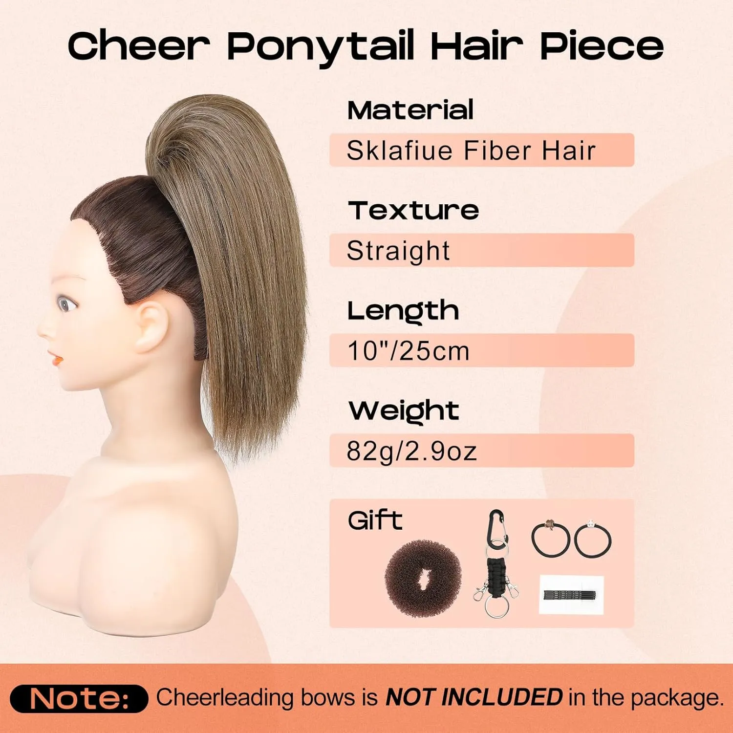 SEIKEA Cheer Ponytail Hair Piece, 10" Straight Tangle-Resistant Smooth Natural Blonde Cheerleader Hairpiece Ponytail Extension for Cheer Competition, Dance, Performance, Ash Blonde