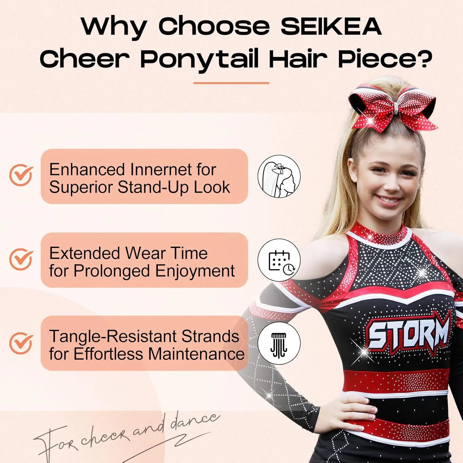 SEIKEA Cheer Ponytail Hair Piece, 10" Straight Tangle-Resistant Smooth Natural Blonde Cheerleader Hairpiece Ponytail Extension for Cheer Competition, Dance, Performance, Ash Blonde