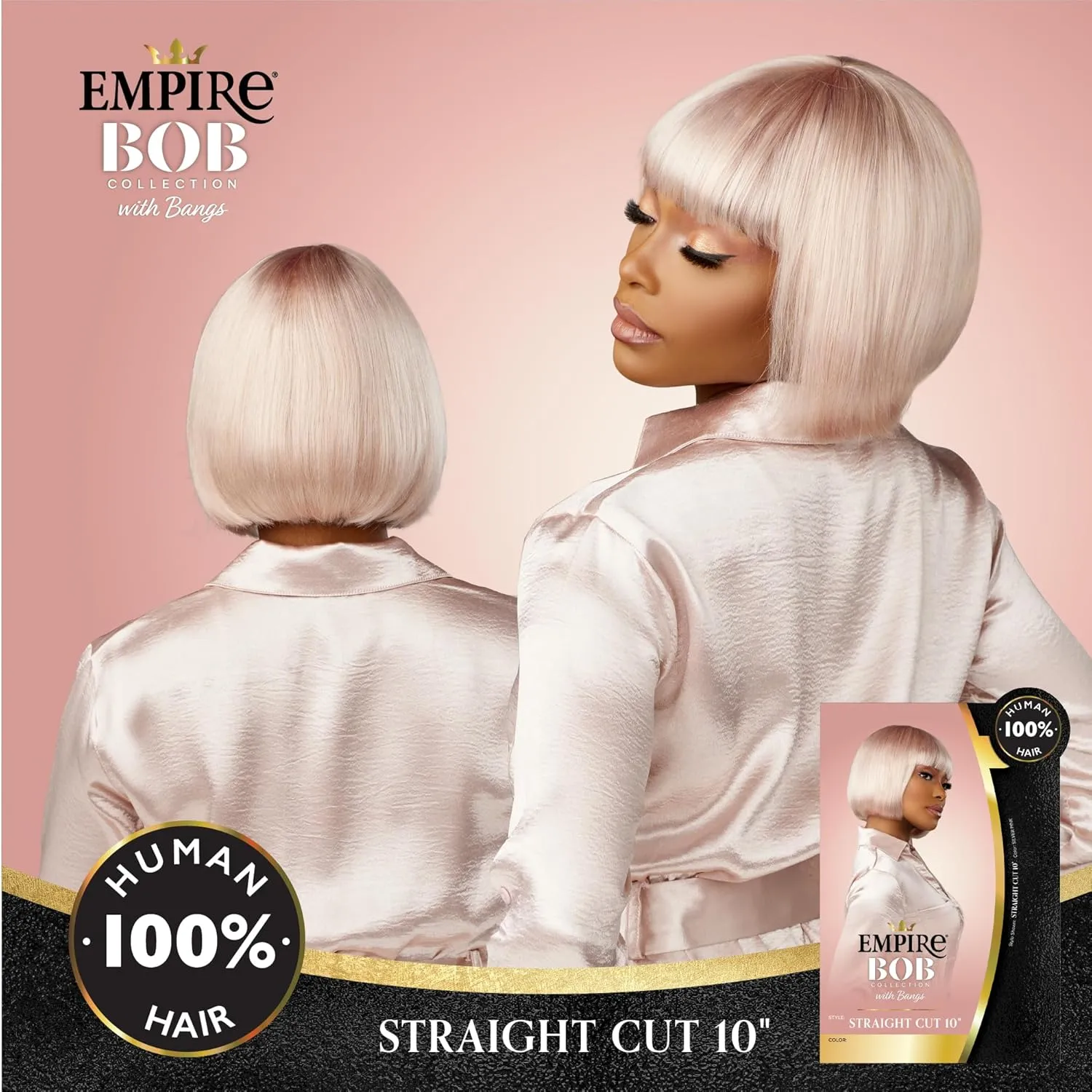 Sensationnel Empire Bob Humanhair Wig - Straight Cut Face Framing Mesh Cap for Comfort With Bangs (10 inch, COPPERCHARM)