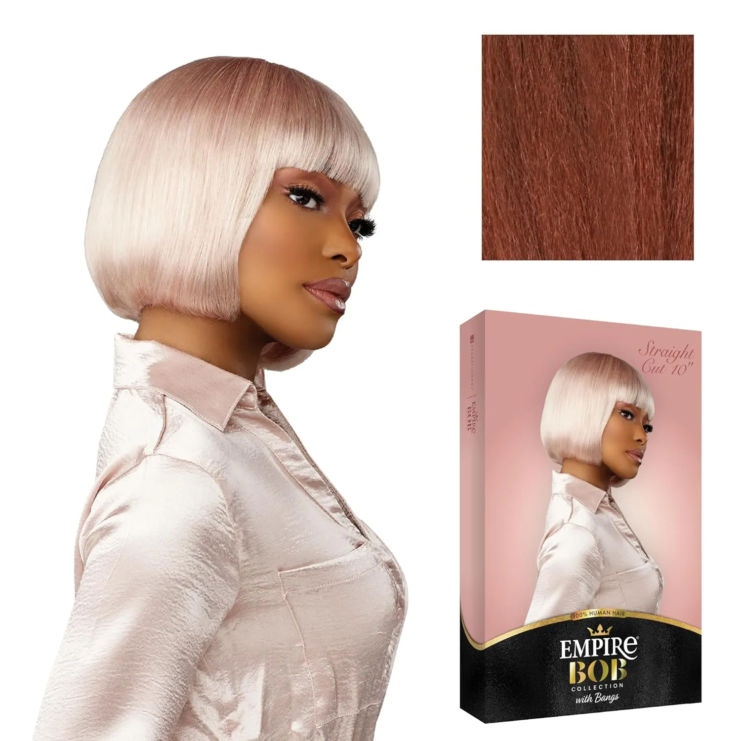 Sensationnel Empire Bob Humanhair Wig - Straight Cut Face Framing Mesh Cap for Comfort With Bangs (10 inch, COPPERCHARM)
