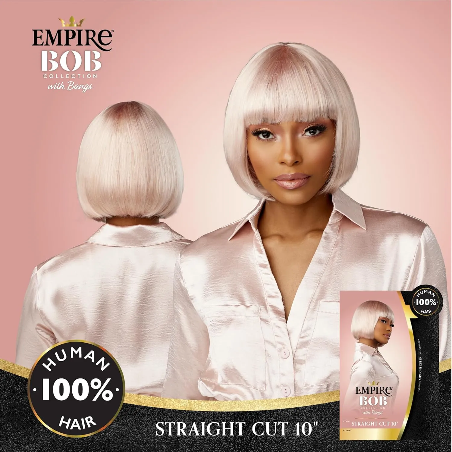 Sensationnel Empire Bob Humanhair Wig - Straight Cut Face Framing Mesh Cap for Comfort With Bangs (10 inch, COPPERCHARM)