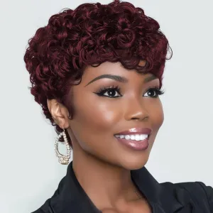Short Pixie Wigs for Black Women Pixie Cut Curly Wavy Synthetic Hair Wig with Bangs African American Style Perm Red