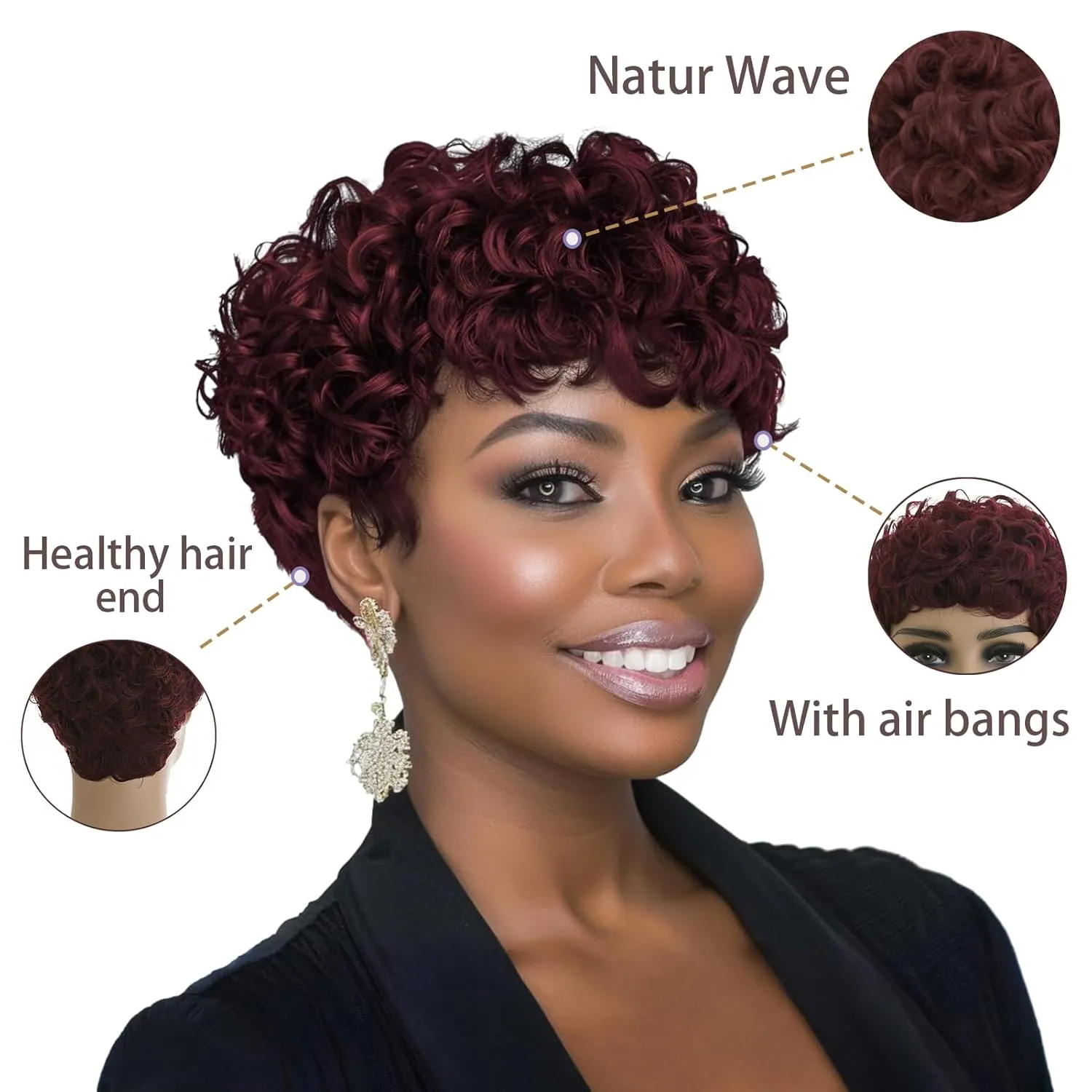 Short Pixie Wigs for Black Women Pixie Cut Curly Wavy Synthetic Hair Wig with Bangs African American Style Perm Red
