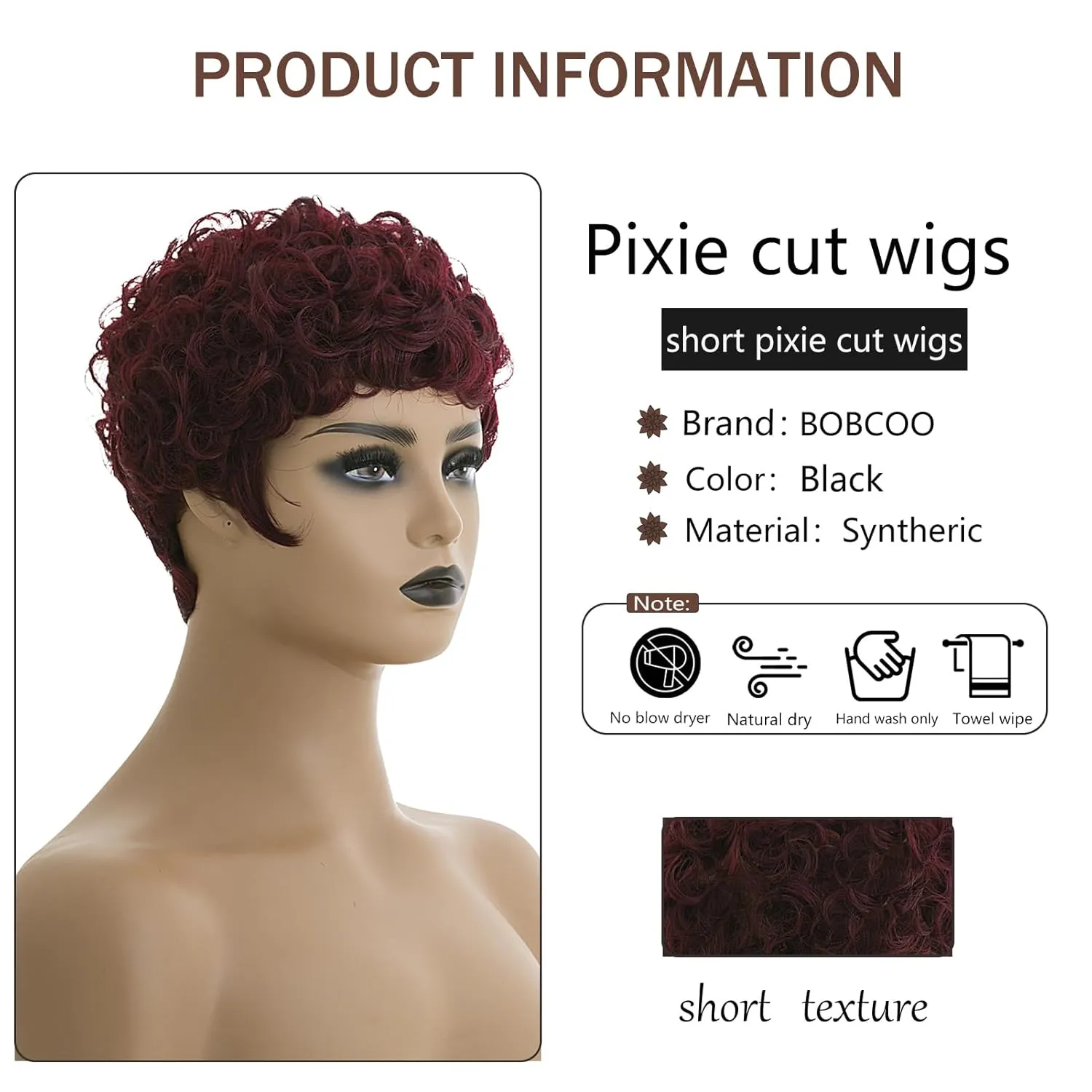 Short Pixie Wigs for Black Women Pixie Cut Curly Wavy Synthetic Hair Wig with Bangs African American Style Perm Red