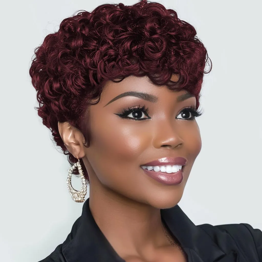 Short Pixie Wigs for Black Women Pixie Cut Curly Wavy Synthetic Hair Wig with Bangs African American Style Perm Red