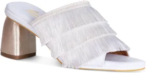 SILVIA COBOS Womens White Fringed Cushioned Chacha Square Toe Block Heel Slip On Leather Dress Heeled Sandal 11