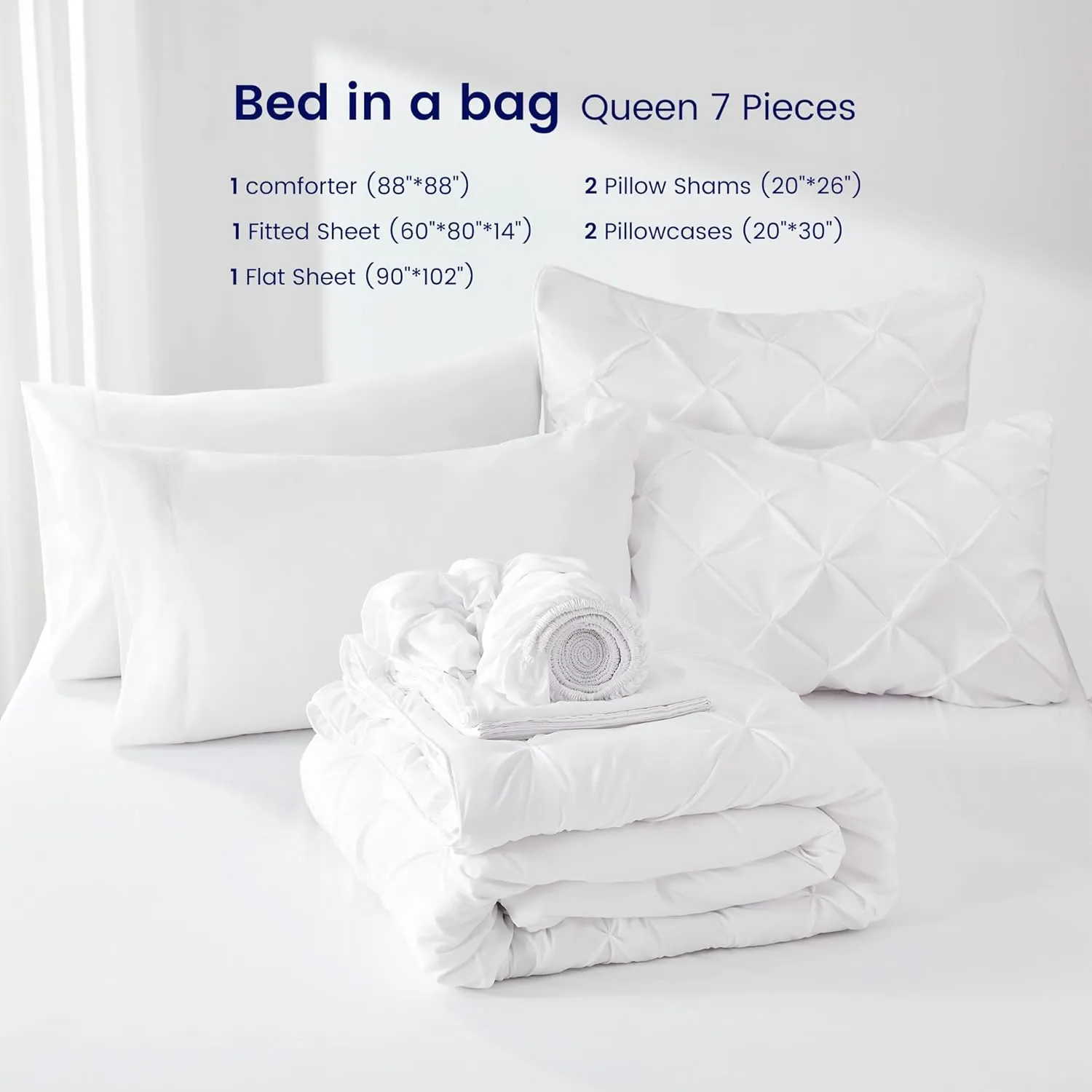 SLEEP ZONE Queen Comforter Set with Sheets, All Season Pintuck Bed in A Bag, Extra Thick, Soft and Comfortable, Machine Washable (White Pinch Pleat, Queen)