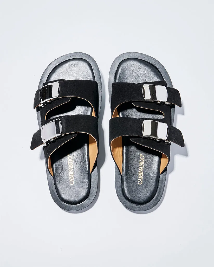 SLIDE BUCKLE PLATFORM SANDALS BLACK SUEDE