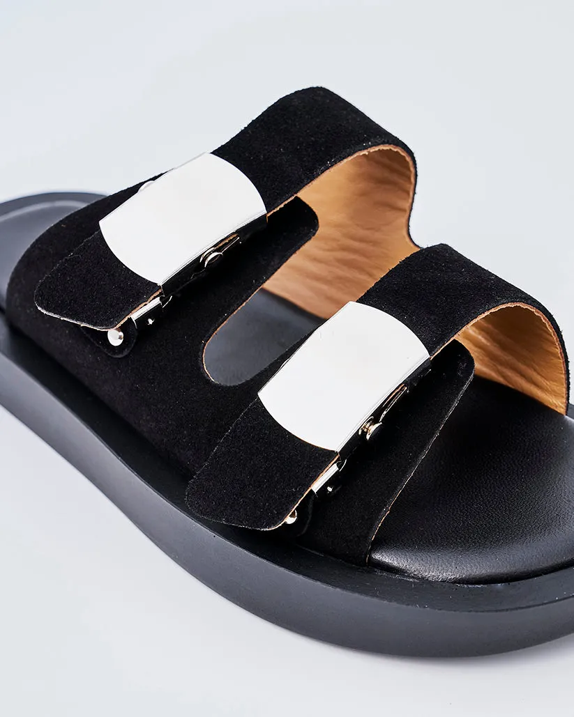 SLIDE BUCKLE PLATFORM SANDALS BLACK SUEDE