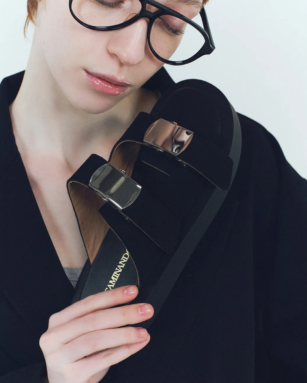 SLIDE BUCKLE PLATFORM SANDALS BLACK SUEDE