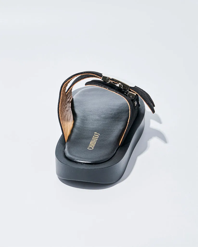 SLIDE BUCKLE PLATFORM SANDALS BLACK SUEDE