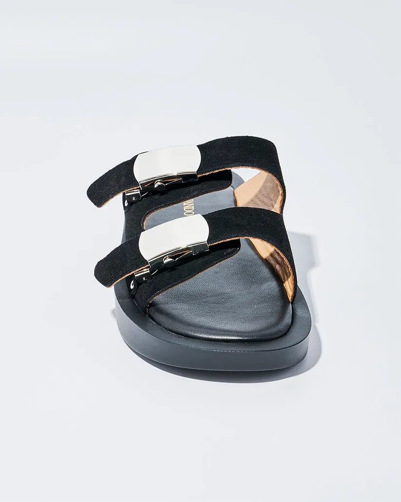 SLIDE BUCKLE PLATFORM SANDALS BLACK SUEDE