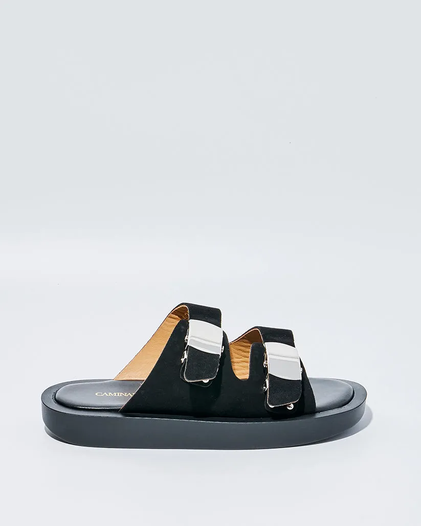 SLIDE BUCKLE PLATFORM SANDALS BLACK SUEDE