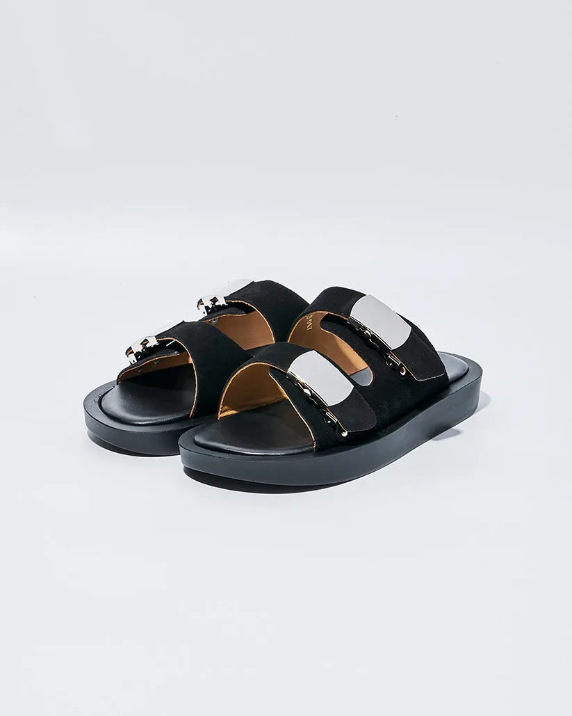 SLIDE BUCKLE PLATFORM SANDALS BLACK SUEDE