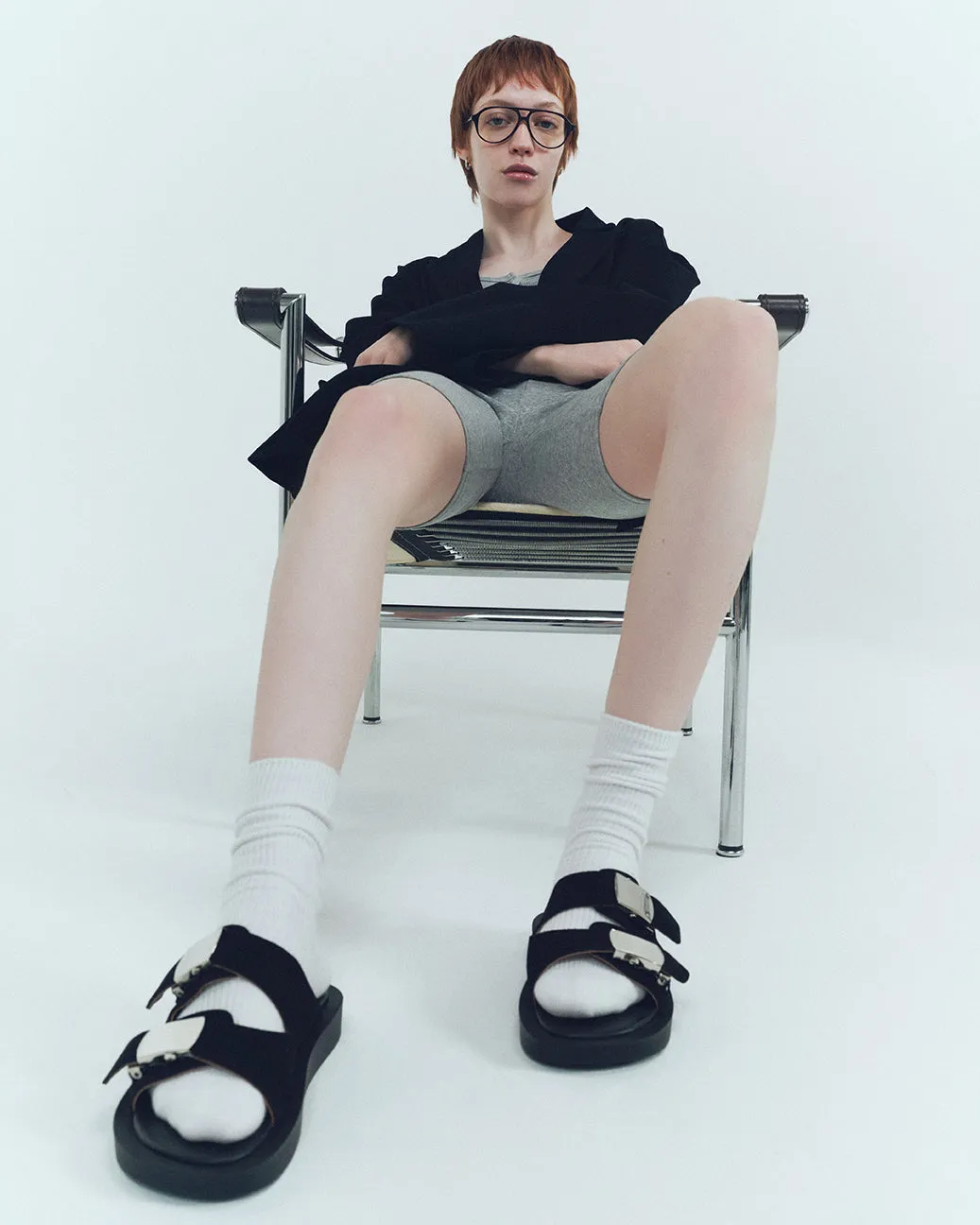 SLIDE BUCKLE PLATFORM SANDALS BLACK SUEDE
