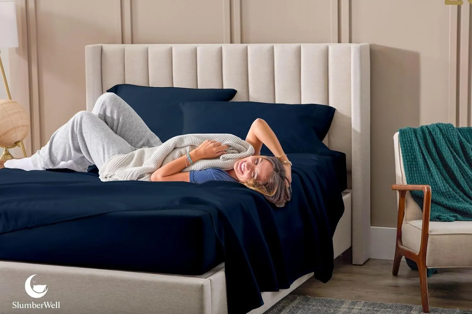 SlumberWell 4 Piece Luxury Soft Microfiber Fitted Bed Sheet Set for Campers, 8 to 12 Inch Deep Pocket, RV Three Quarter 48 x 75 3/4 Full Bunk, Navy Blue