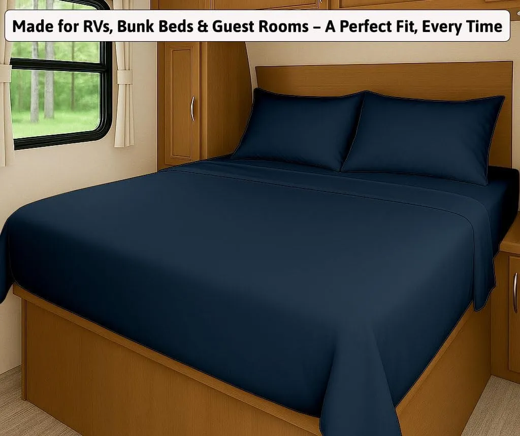 SlumberWell 4 Piece Luxury Soft Microfiber Fitted Bed Sheet Set for Campers, 8 to 12 Inch Deep Pocket, RV Three Quarter 48 x 75 3/4 Full Bunk, Navy Blue
