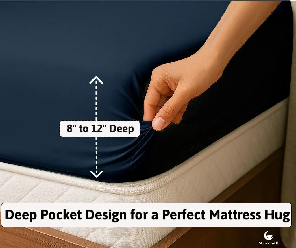 SlumberWell 4 Piece Luxury Soft Microfiber Fitted Bed Sheet Set for Campers, 8 to 12 Inch Deep Pocket, RV Three Quarter 48 x 75 3/4 Full Bunk, Navy Blue