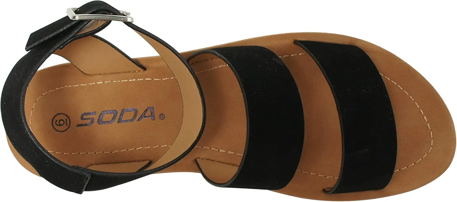 Soda DOZEN ~ Women Casual Open Toe Two Bands with Ankle Buckle Strap Fashion Slide Flat Sandal
