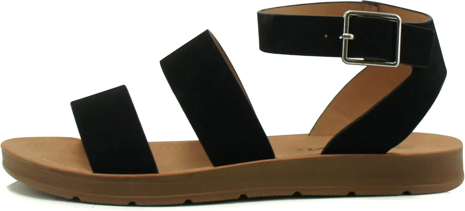 Soda DOZEN ~ Women Casual Open Toe Two Bands with Ankle Buckle Strap Fashion Slide Flat Sandal
