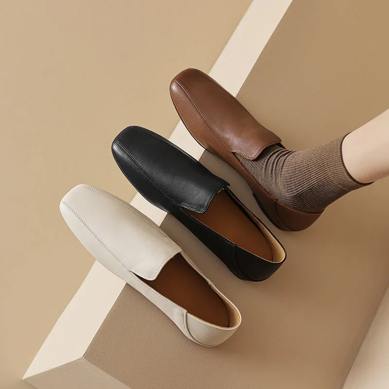 Square Toe Soft Leather Flat Loafers