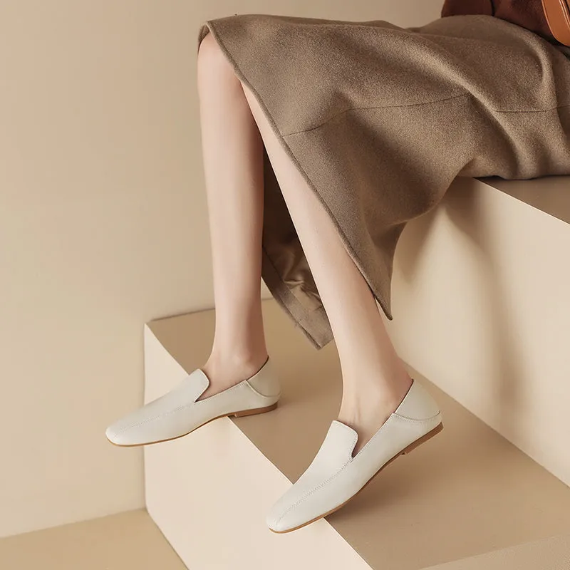 Square Toe Soft Leather Flat Loafers