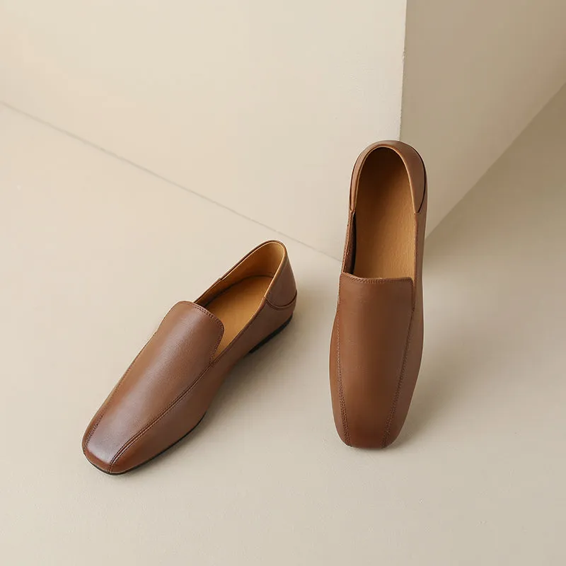Square Toe Soft Leather Flat Loafers
