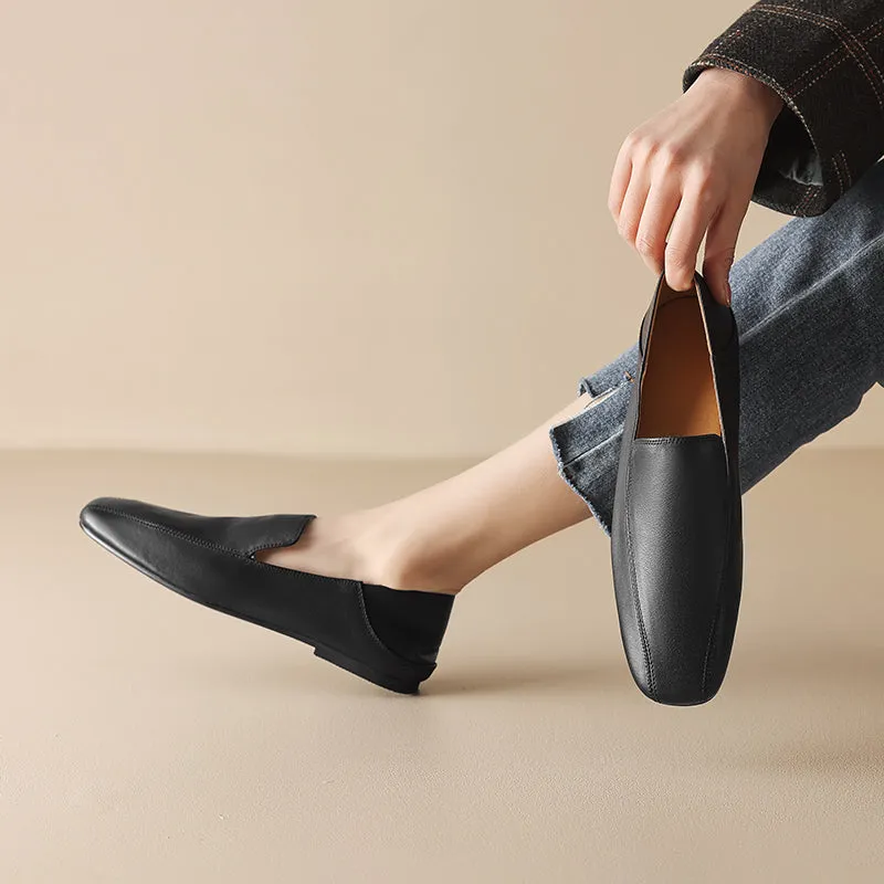 Square Toe Soft Leather Flat Loafers