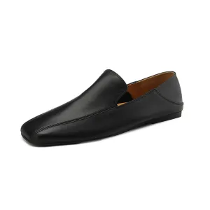 Square Toe Soft Leather Flat Loafers