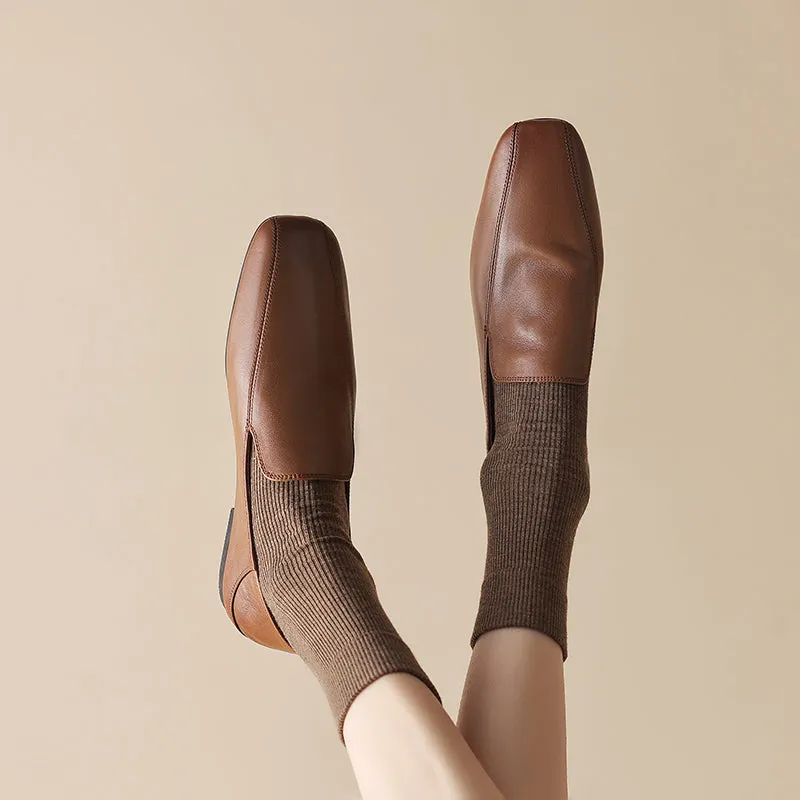 Square Toe Soft Leather Flat Loafers