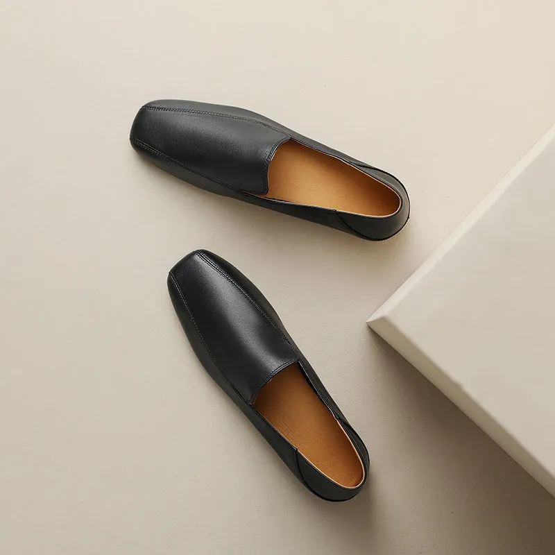 Square Toe Soft Leather Flat Loafers