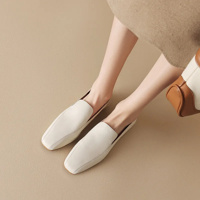 Square Toe Soft Leather Flat Loafers