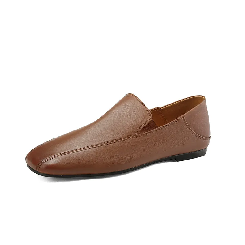 Square Toe Soft Leather Flat Loafers