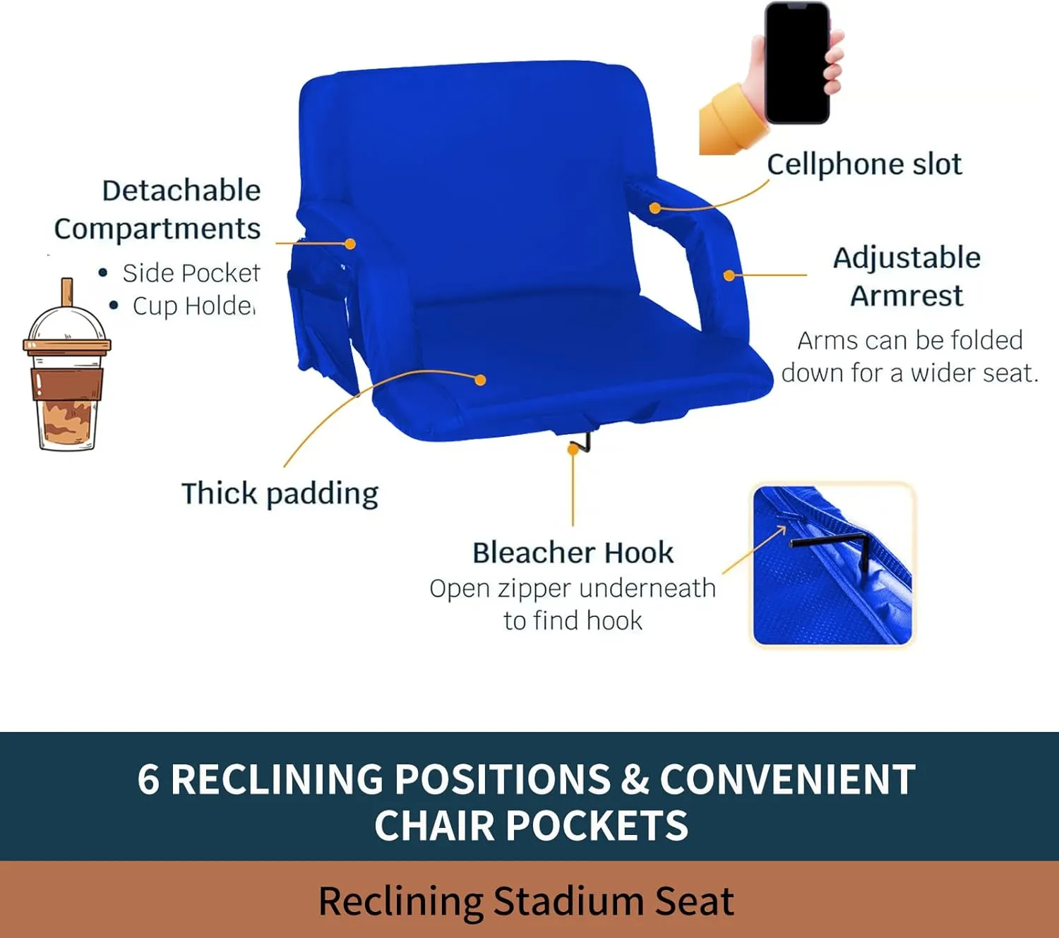 Stadium Seats for Bleachers with Back Support,Reclining Stadium Seats Chair with Padded Cushion Chair Back and Armrest Support (Royal Blue, 2-Pack)