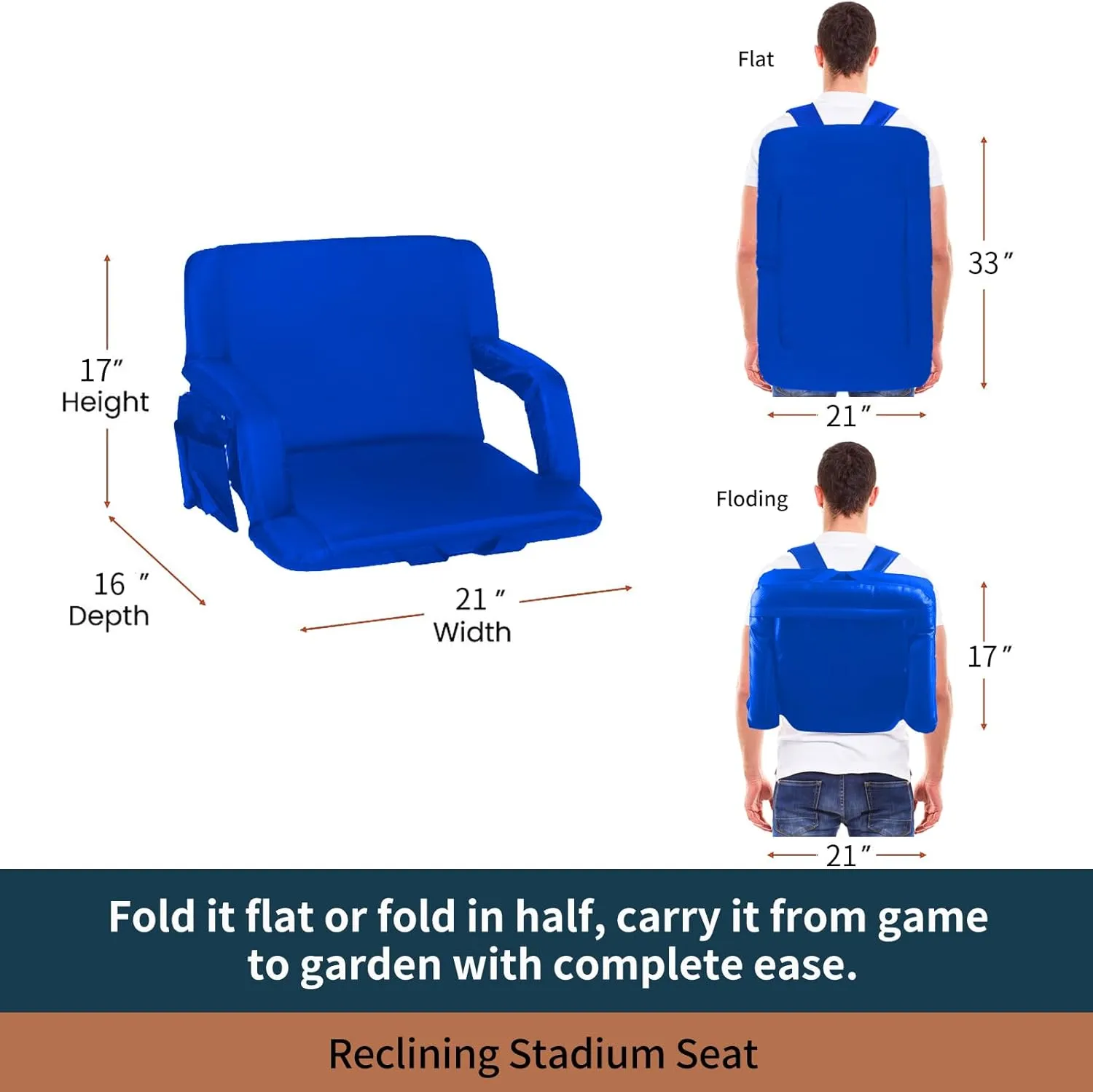 Stadium Seats for Bleachers with Back Support,Reclining Stadium Seats Chair with Padded Cushion Chair Back and Armrest Support (Royal Blue, 2-Pack)