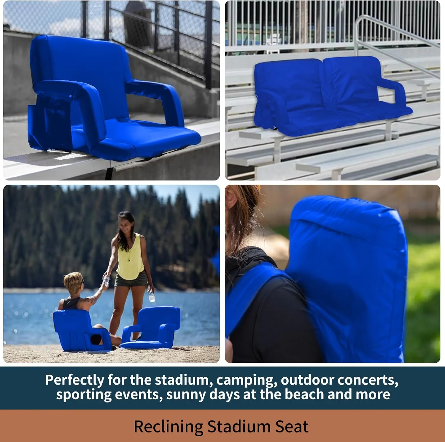 Stadium Seats for Bleachers with Back Support,Reclining Stadium Seats Chair with Padded Cushion Chair Back and Armrest Support (Royal Blue, 2-Pack)