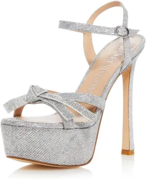 Stuart Weitzman Womens Silver Metallic Glitter Ankle Strap Bow Detail 2 Inch Platform Padded Goring Open Toe Stiletto Buckle Dress Heeled Sandal 9 B