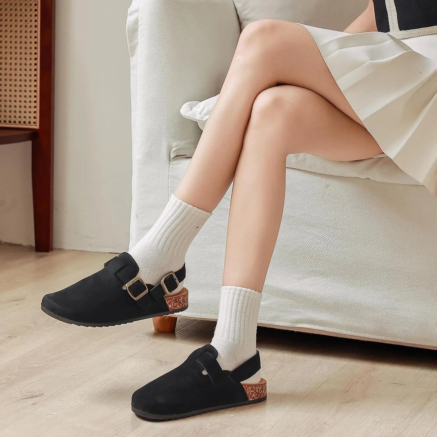 Suede Clogs for Women Men with Adjustable Strap Cork Footbed Leather Mules Comfort Arch Support Slingback Clog Sandal with Buckle Slip on Potato Shoes