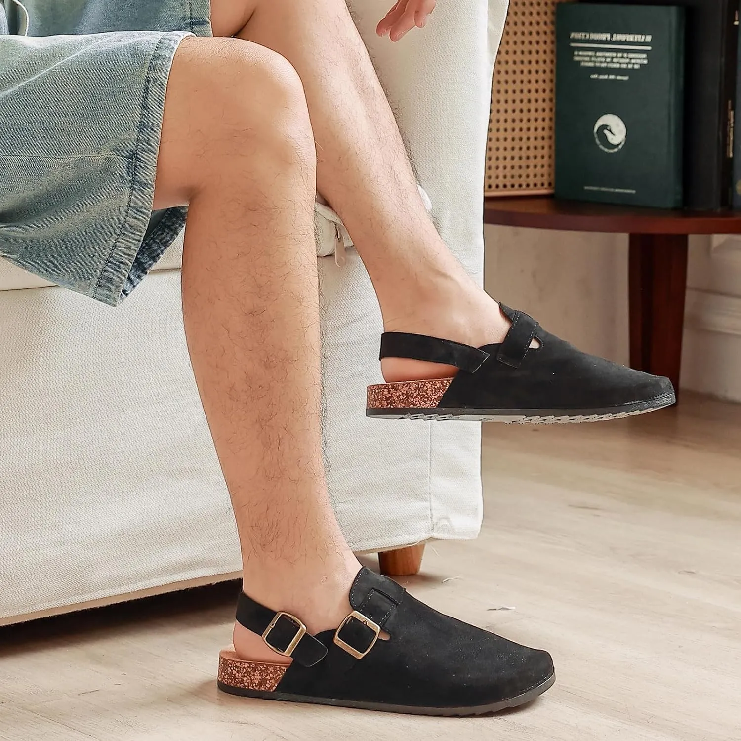 Suede Clogs for Women Men with Adjustable Strap Cork Footbed Leather Mules Comfort Arch Support Slingback Clog Sandal with Buckle Slip on Potato Shoes
