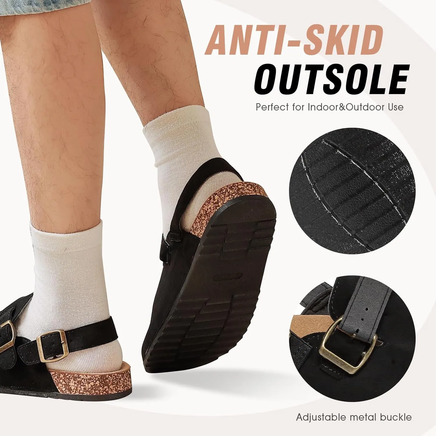 Suede Clogs for Women Men with Adjustable Strap Cork Footbed Leather Mules Comfort Arch Support Slingback Clog Sandal with Buckle Slip on Potato Shoes