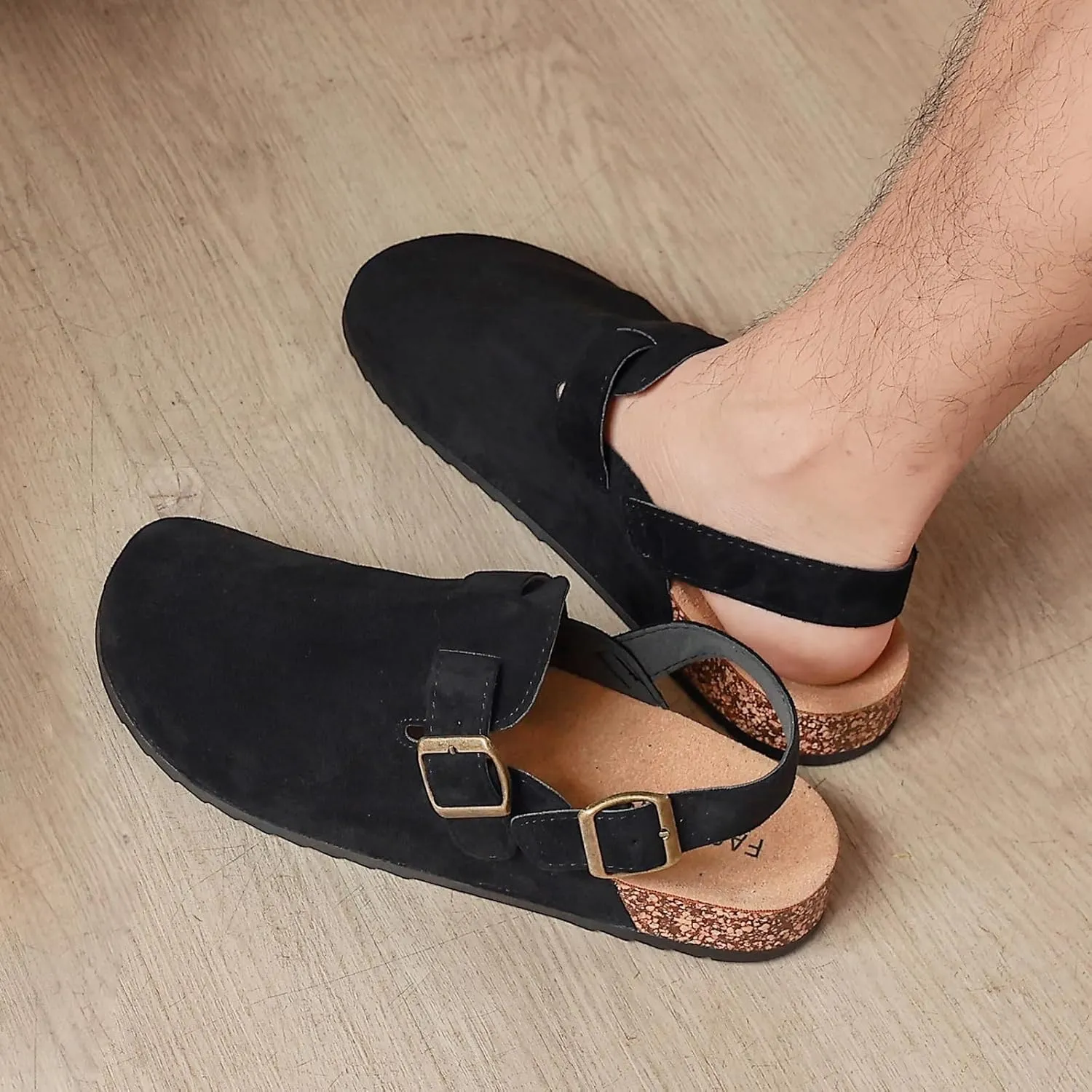 Suede Clogs for Women Men with Adjustable Strap Cork Footbed Leather Mules Comfort Arch Support Slingback Clog Sandal with Buckle Slip on Potato Shoes
