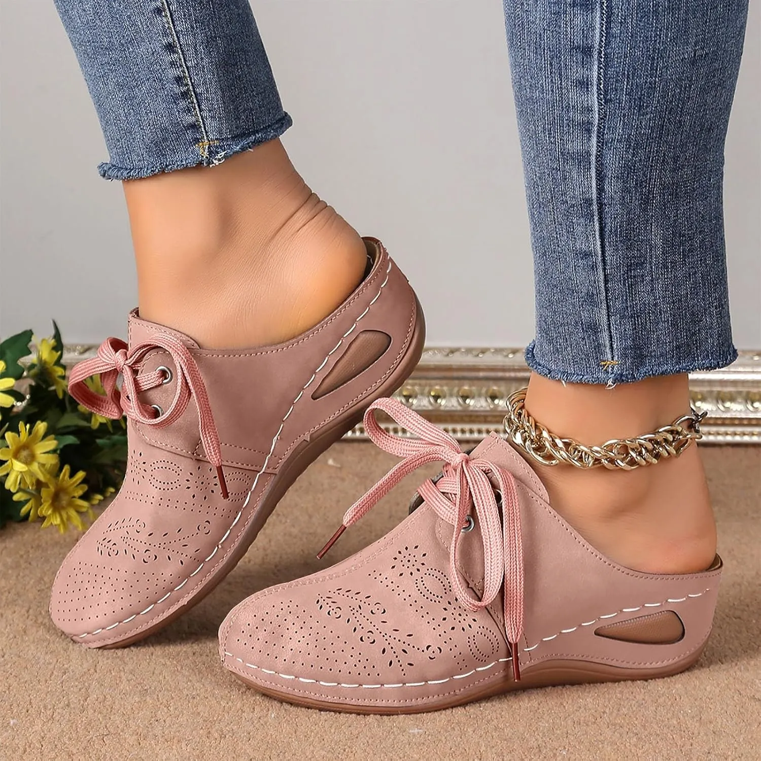 Summer Sandals for Women 2025,Closed Toe Cutout Strap Lace Up Orthopedic Wide Width Slip On Slides Ladies Low Wedge Heel Comfy Cushioned Footbed Arch Support Recovery Mules Casual Shoes