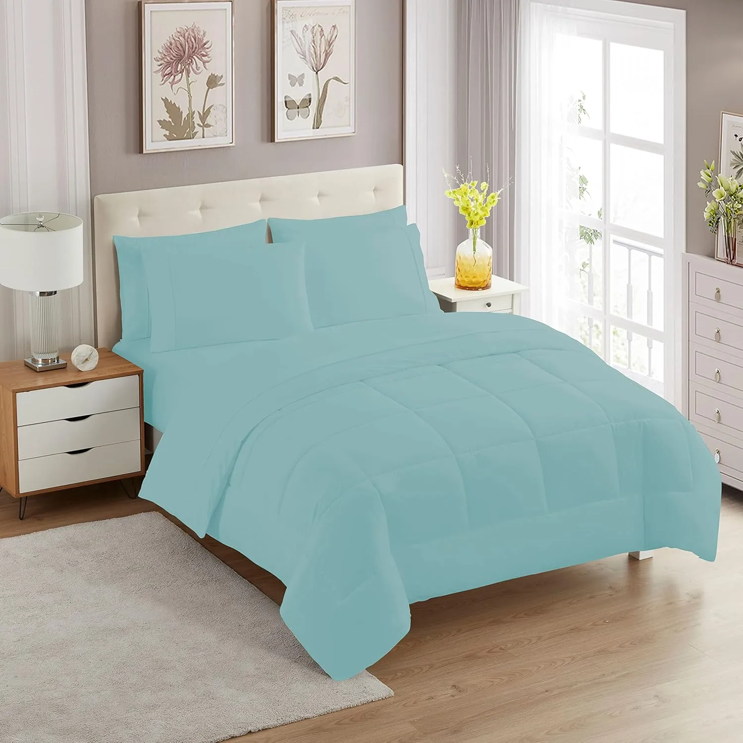 Sweet Home Collection 7 Piece Comforter Set Bag Solid Color All Season Soft Down Alternative Blanket & Luxurious Microfiber Bed Sheets, Misty Blue, Queen (Pack of 4, 28 Count Total)