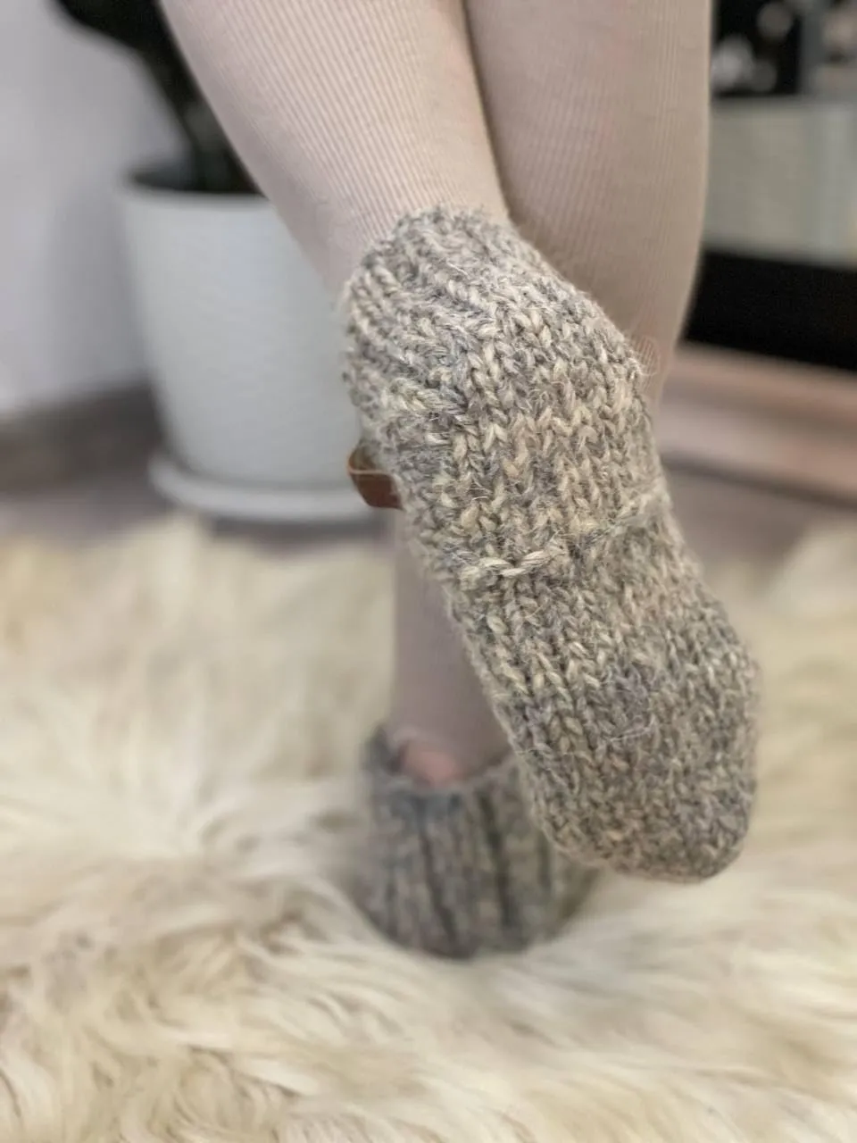 Thick Gray Wool House Socks, Handmade Chunky Knit Slippers, Rustic Natural Wool Design, Unisex Home Footwear, Soft & Warm, Cozy Gift Idea! (Men's 12-12.5)