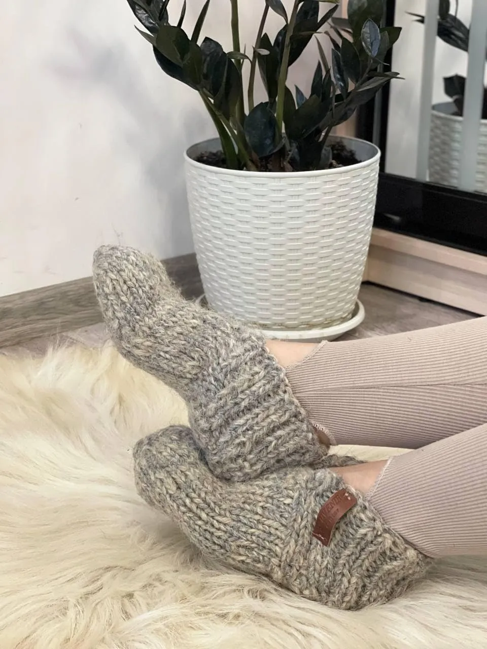 Thick Gray Wool House Socks, Handmade Chunky Knit Slippers, Rustic Natural Wool Design, Unisex Home Footwear, Soft & Warm, Cozy Gift Idea! (Men's 12-12.5)