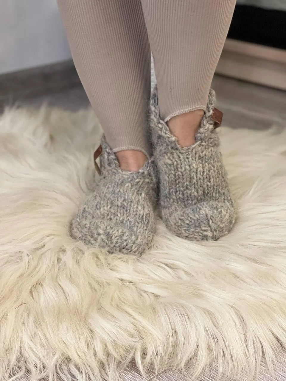 Thick Gray Wool House Socks, Handmade Chunky Knit Slippers, Rustic Natural Wool Design, Unisex Home Footwear, Soft & Warm, Cozy Gift Idea! (Men's 12-12.5)