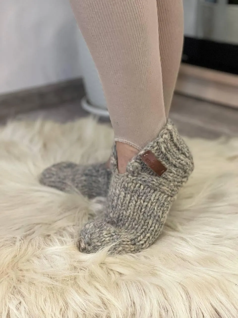 Thick Gray Wool House Socks, Handmade Chunky Knit Slippers, Rustic Natural Wool Design, Unisex Home Footwear, Soft & Warm, Cozy Gift Idea! (Men's 12-12.5)