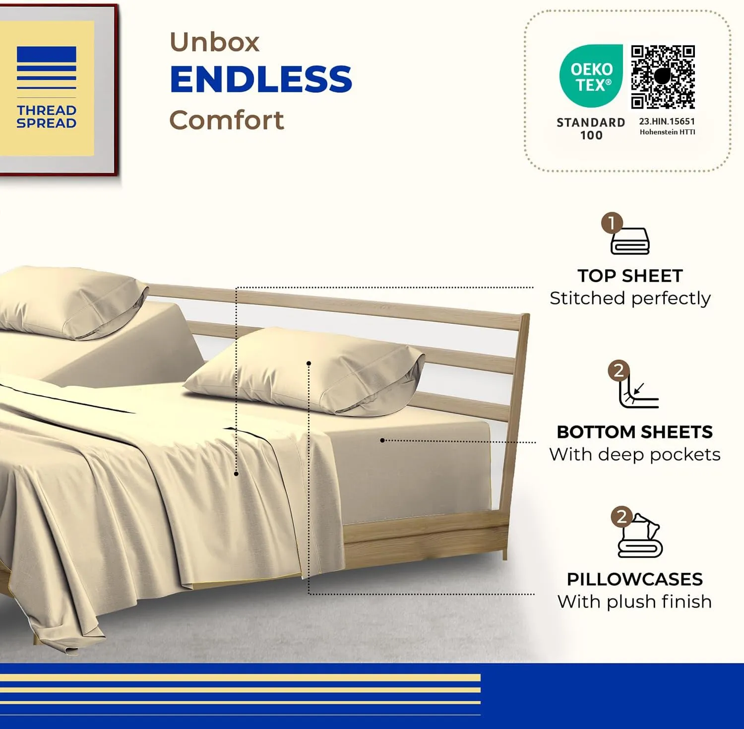 THREAD SPREAD 100% Pure Egyptian Cotton Split King Sheets Sets for Adjustable Bed - 1000 Thread Count 5 PC Top Split King Sheet for Sleep Number Bed, Soft Cooling Sheets, Fits Mattress upto 18" - Sand